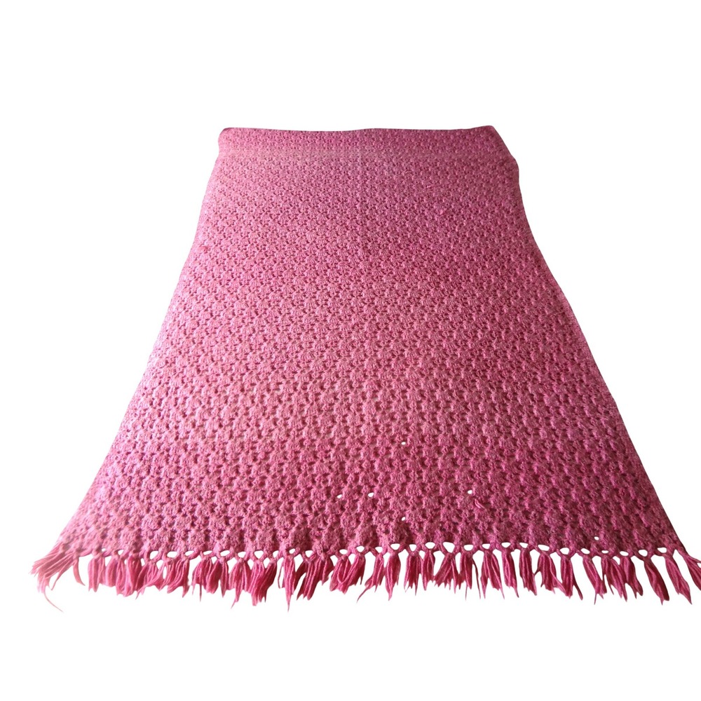 Handmade Crochet Throw Blanket Pink Heather Excellent Vintage Fringed Afghan